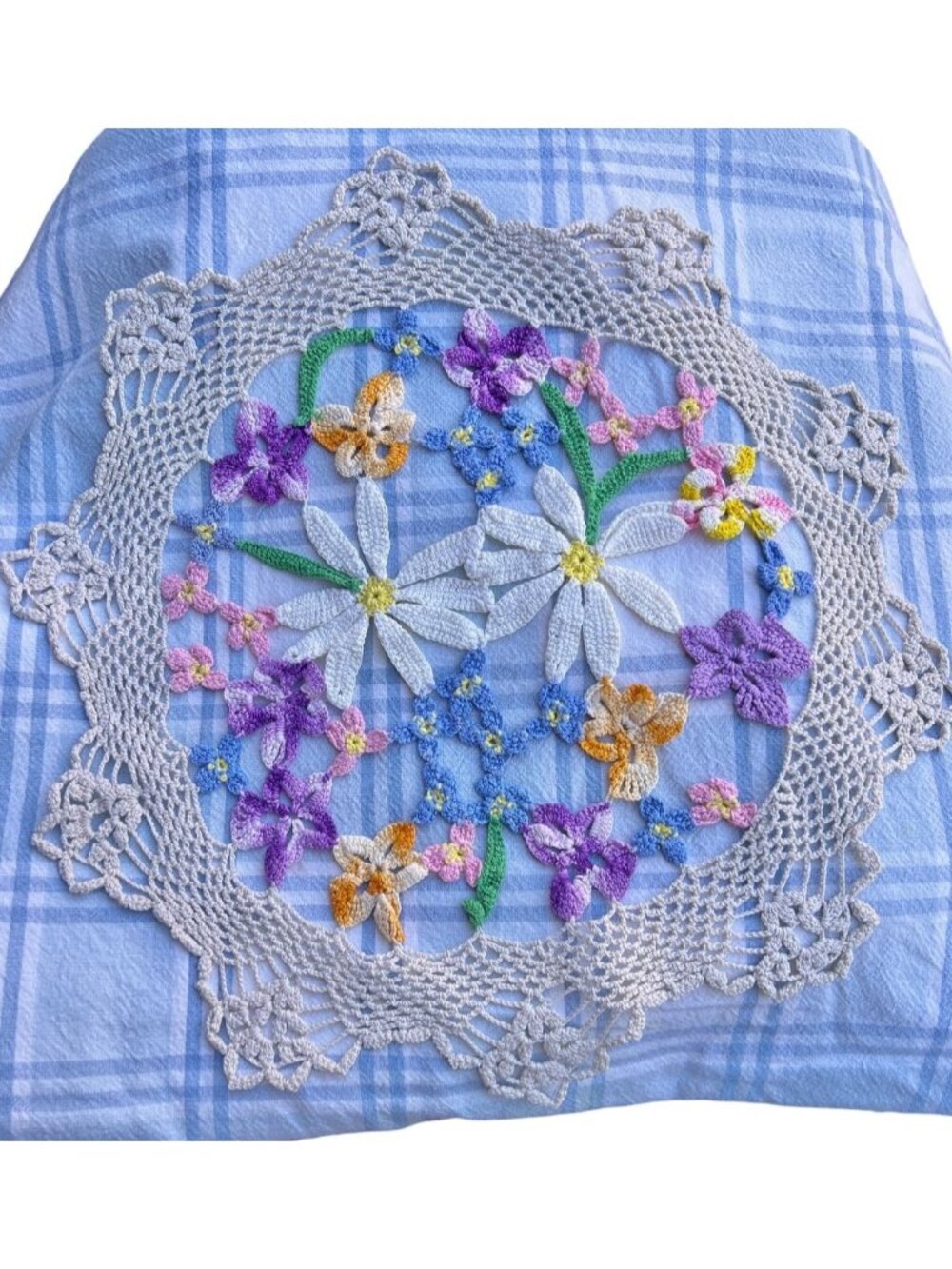 Tablecloth Blue White Plaid Cotton 79.5" x 57" AND Crocheted Floral Doily 16" D